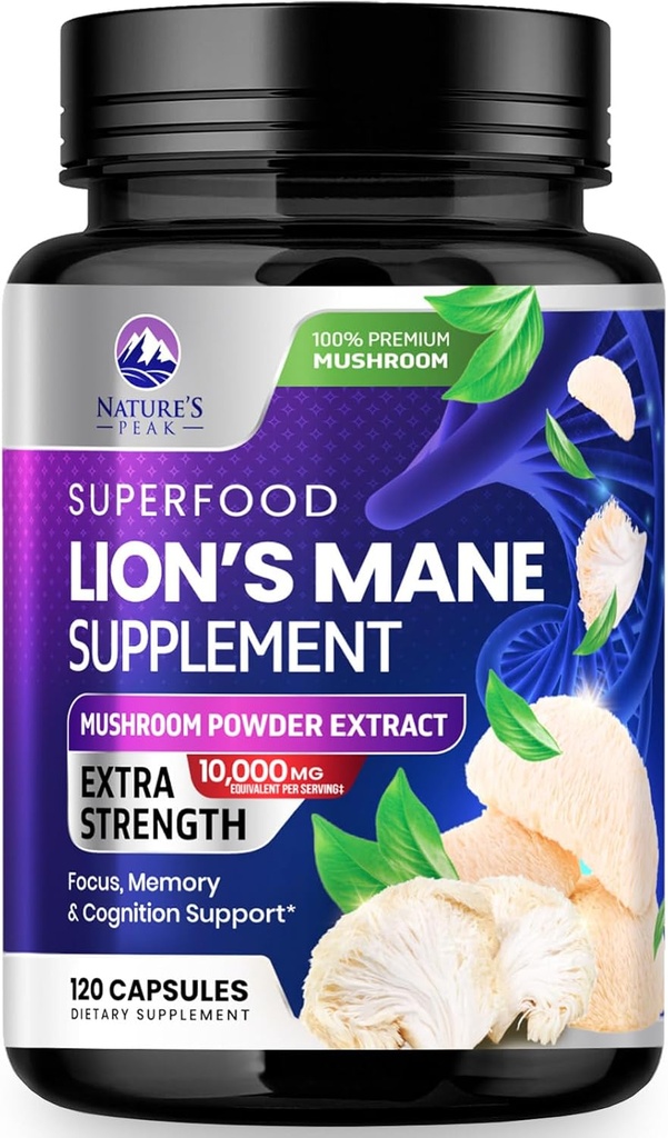 Lions Mane Mushroom Kapselit 10 000 mg - Lion... Mane Supplement Kapselit muistille ja Focus Support, Aivot, Immune Health Support, Vegan, pullotettu USA, Lions Mane Mushroom Powder Extract, 120 Count