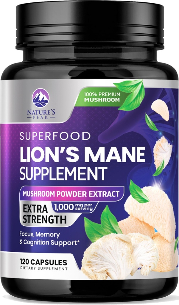 Lions Mane Supplement Capsules - Lions Mane 1000mg Per Serving - Extra Strength Lion’s Mane Mushroom - Superfood for Natural Memory, Focus, Brain, Immune Health Support - Bottled in USA - 120 Capsules