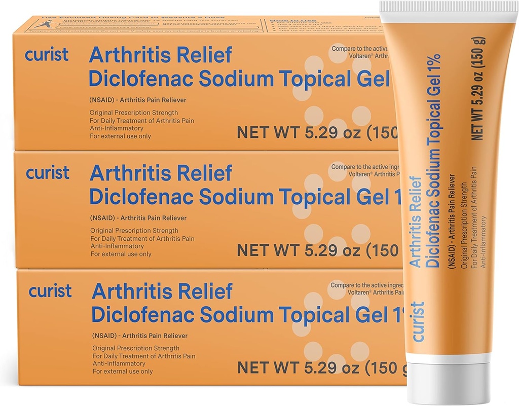 Curist Diclofenac Arthritis Cream Gel 1% (3 Tubes of 150g)- Stop Pain in Wrists, Feet, Elbows, & Ankles. Hand Arthritis Pain Relief & Knee Arthritis Pain Relief (3 Pack, 5.29 oz ea.)
