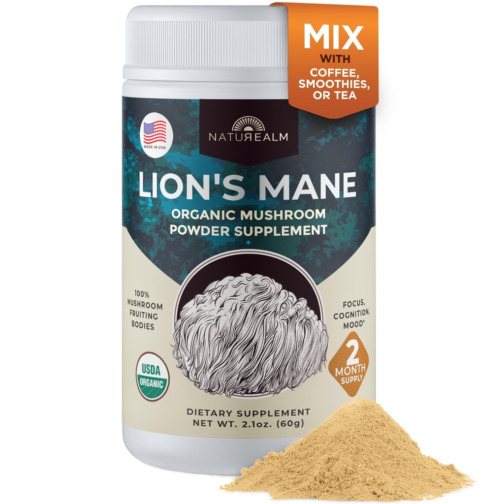 Naturealm Lions Mane Powder Organic, 1000mg per Serving, 60 Servings/2 Month Supply, USDA Organic Fruiting Body Extract, Brain Health & Focus Support