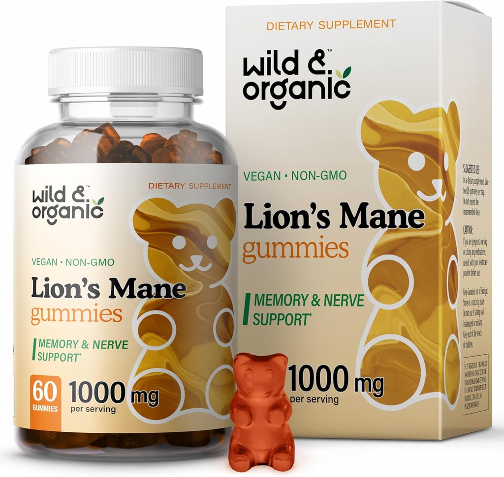 Wild & Organic Lions Mane Mushroom Gummies 1000mg - Natural Lion's Mane Mushroom Supplement Gummies - 60 Chews for Focus and Brain Energy Support - Vegan, Non-GMO