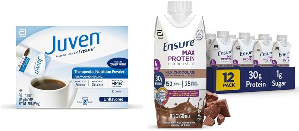 Juven Therapeutic Nutrition Powder for Wound Healing, 30 Cuenta y Asegure Max Protein Nutrition Shakes, 30g Protein, 12 Pack