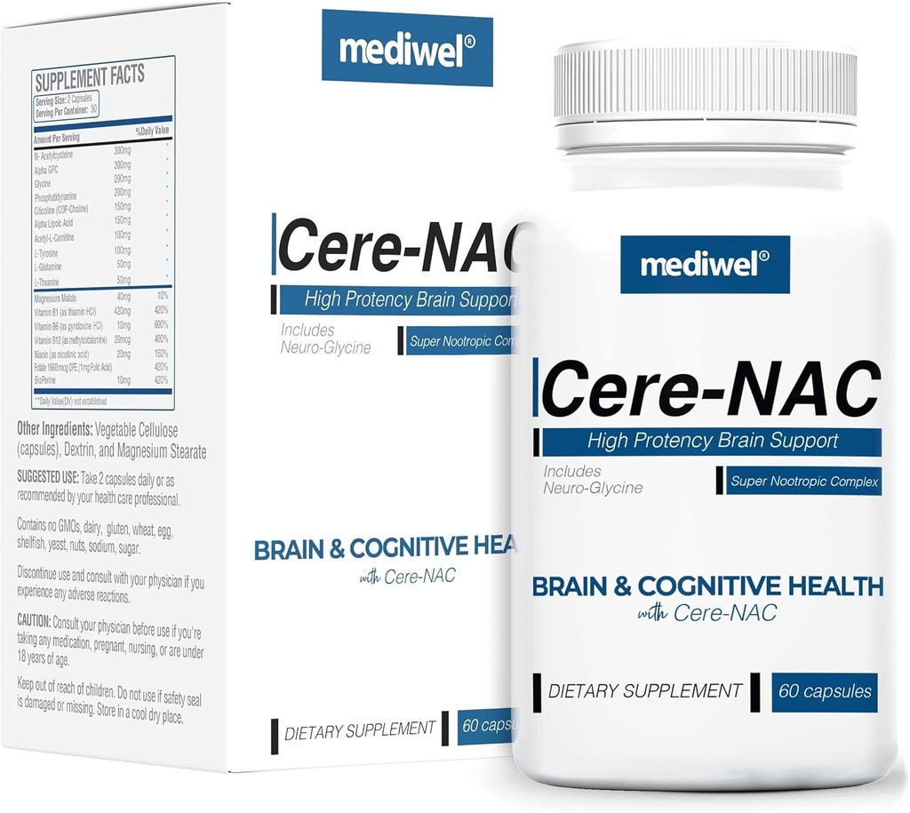 Cere-NAC Advanced Brain Supplement - Cognitive & Mental Clarity Support - NAC, 글리신, 알파 GPC, Citicoline, L-Theanine, Phosphatidylserine, B 비타민, 알파 Lipoic Acid - 미국에서 만든