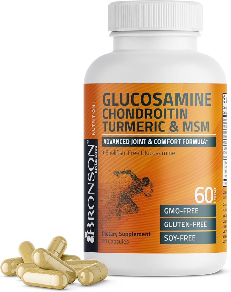 Bronson Glucosamine Chondroitin Turmeric & MSM Advanced Joint & Cartilage Formula, Lagun Onak, Mugikortasuna eta Garraioa - Ez-GMO, 60 kapsulak