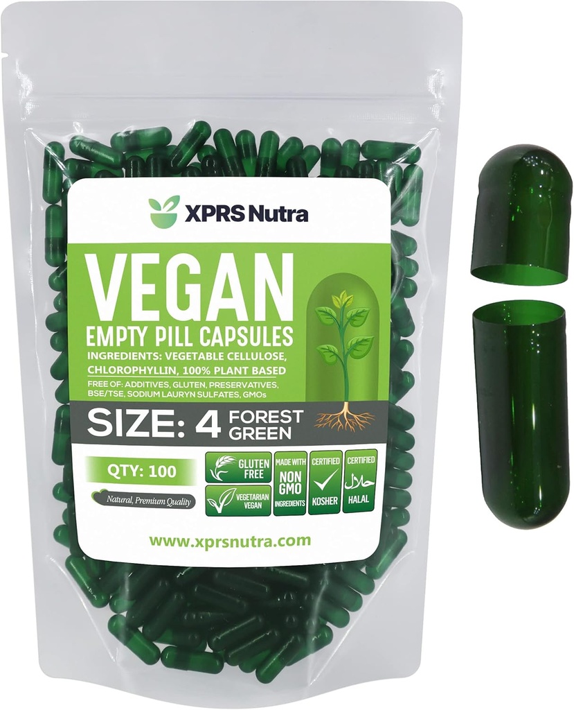 XPRS Nutra Dimensiune 4 Capsule goale - 100 Conte capsule Vegan mici goale - DIY Capsule vegetale de umplere - Fillable Do-It-Yourself Veggie Pilula Capace pentru suplimente (Pădurea Verde)