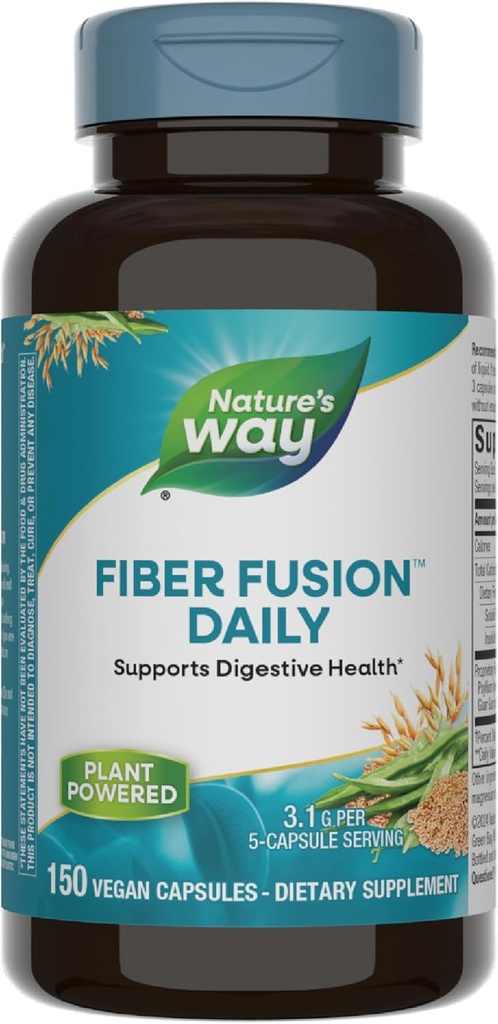 Nature's Way Fiber Fusion Daily, Psyllium Husk kapslid kaera kliid, Guar Gum, Pectin, seedetrakti tervise tugi *, Vegan, 150 kapslit (pakendamine võib varieeruda)