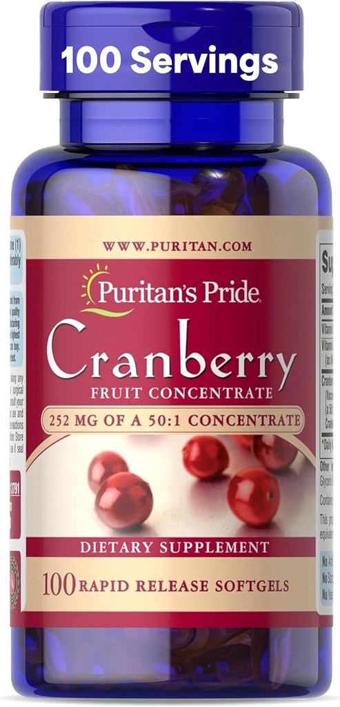 Puritan's Pride Premium Cranberry Fruit Concentrate 252mg (12.600mg Äquivalent) mit Vitaminen C und E, Nahrungsergänzung für Immunsystemunterstützung, 100 Rapid Release Softgels