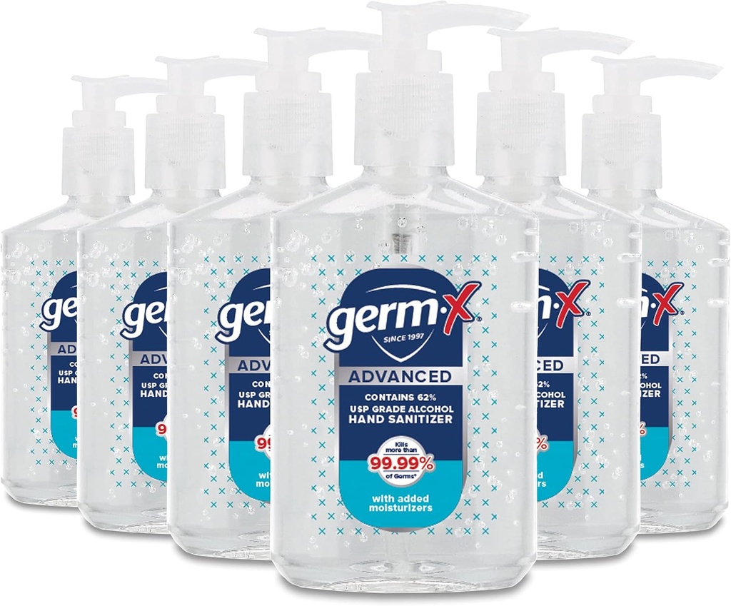 Germ-X Advanced Hand Sanitizer, Ne-Drying Vlažilno Clear Gel, Instant in brez Rinse Formula, Nazaj na šolo Supplys College, Črpalka steklenica, 8 Fl Oz (Pack z dne 6)