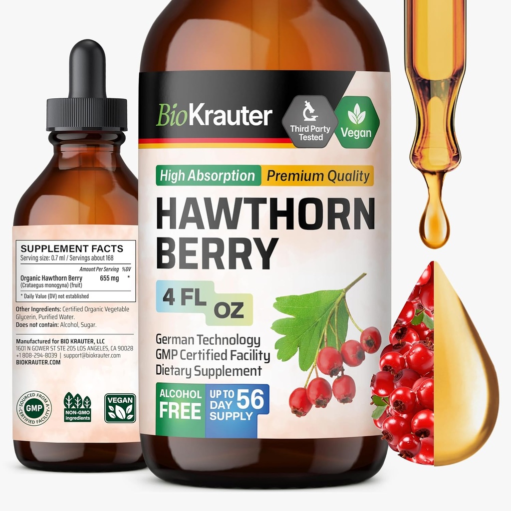 BIO KRAUTER Hawthorn Berry Extract Tintura - Natural Hawthorne Berry Suplemento - 100% Pura Fórmula - Vegan Açúcar & Álcool Grátis - 4 Fl. Oz. - 56 Dia de Abastecimento
