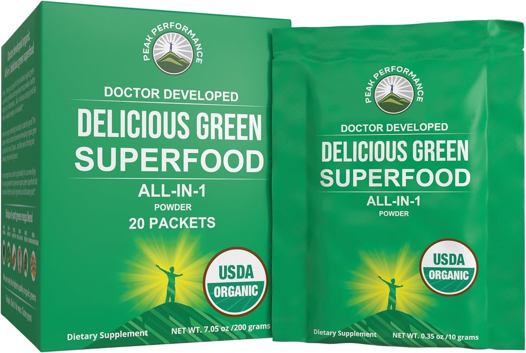 피크 성능 유기 녹색 Superfood Powder Single Serve Travel Packets. 25+를 가진 제일 맛 유기 녹색 주스 최고 음식 최대 에너지를 위한 모든 자연적인 성분. (20 팩)