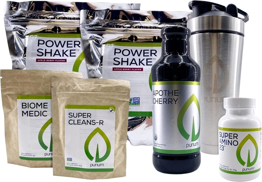 Purium Cleansing + Fitness Bundle - включает в себя Power Shake (Apple Berry), Apothe-Cherry, Super Amino 23, Super CleansR, Biome Medic и Blender Bottle