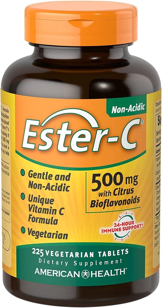 Ester-C American Health with Citrus Bioflavonoids Vegetarian Tablets, 24 Saat Immune Support, Stomach, Non-Acidic Vitamin C, Non-GMO, Gluten-Free, Vegan, 112 Xidmətlər, 500 mq, 225 Count