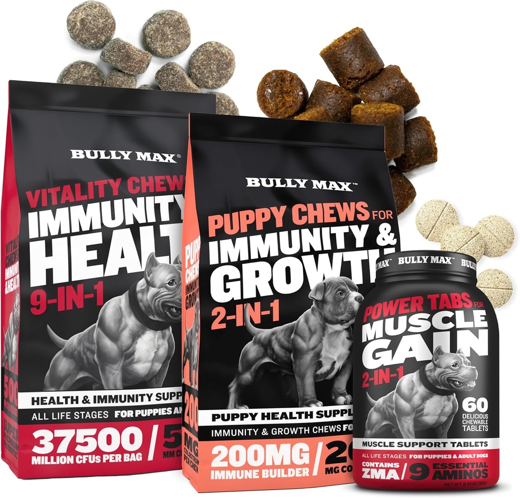 Bully Max Dog Vitality Chews, Muscle Builder Tabs (60 fichas) & Puppy Chews Bundle – Daily Dog Supplements for Muscle Support, Immune Health, and Complete Nutrition for Puppies, Adults, and Seniors