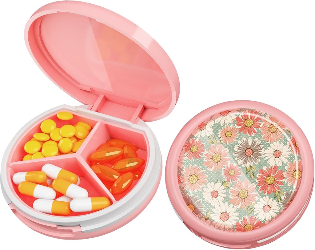 Serfeymi Small Pill Box - 3 Compartments Portable Pill Box pre Purse Pocket, Compact Mini Travel Pill Case - Vhodné pre medicínu, Vitamín, Rybí olej, Doplnky - Ružová [Daisy]