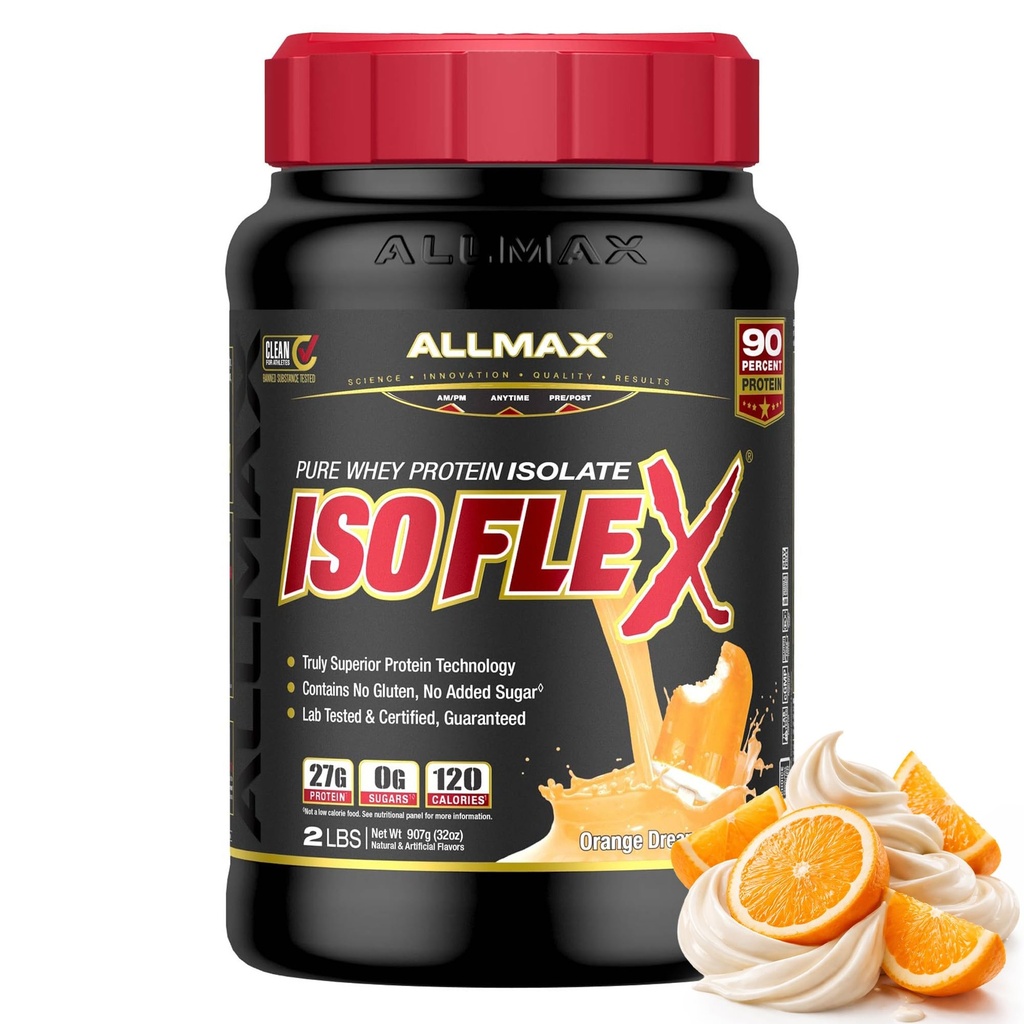 ALLMAX ISOFLEX Pure Whey Isolate Protein Powder - Gluten Free, Low Lactose, Sugar-Free - High-Protein, Clean, Keto-Friendly for Pre Post Workout Supplement for Women and Men | Orange Dreamsicle, 2lb