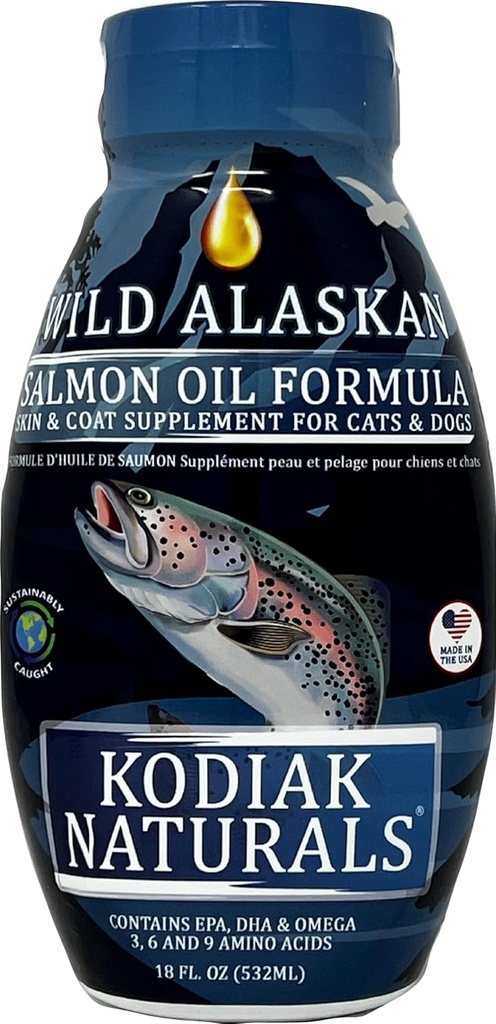 18oz Wildאלסקה Salmon Oil פורמולה עבור כלבים וחתולים, תערובת של שמן דגים טהור עם EPA ו DHA של דגים Wild-Caught. תמיכה ב- Skin & Coat, Joints, and Immune Health.