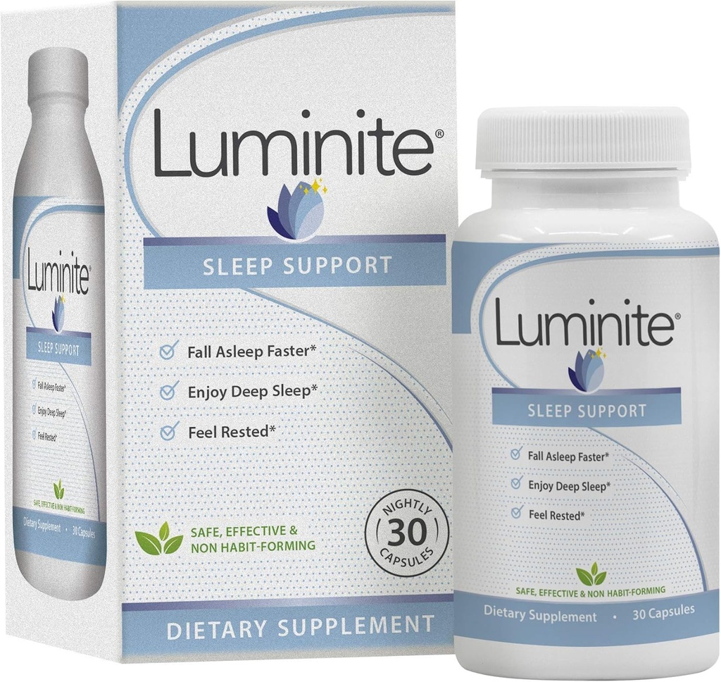 Luminite Sleep Support - Nighttime Sleep Aid Supplement - L-Tryptofan, Melatoniini, Chammomile - Non Habit Forming, 30 Count