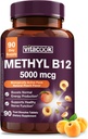 Vitamin B12 Sublingual, Methylcobalamin 5000mcg for Energy Production, Energy, Nerve & Cell Dukungan, Natural Peach Flavor, Vegan, Zero Sugar, 90 Fast Dissolve Tablet