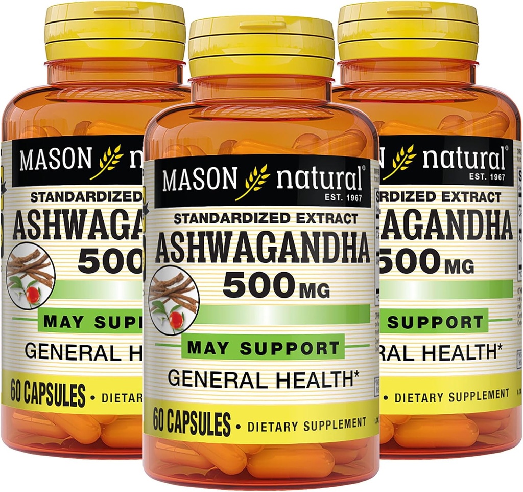 MASON NATURAL Ashwagandha 500 mg, Adaptogen for Stressi & Energy Support, kasviperäisten täydentää, 180 päivän tarjonta
