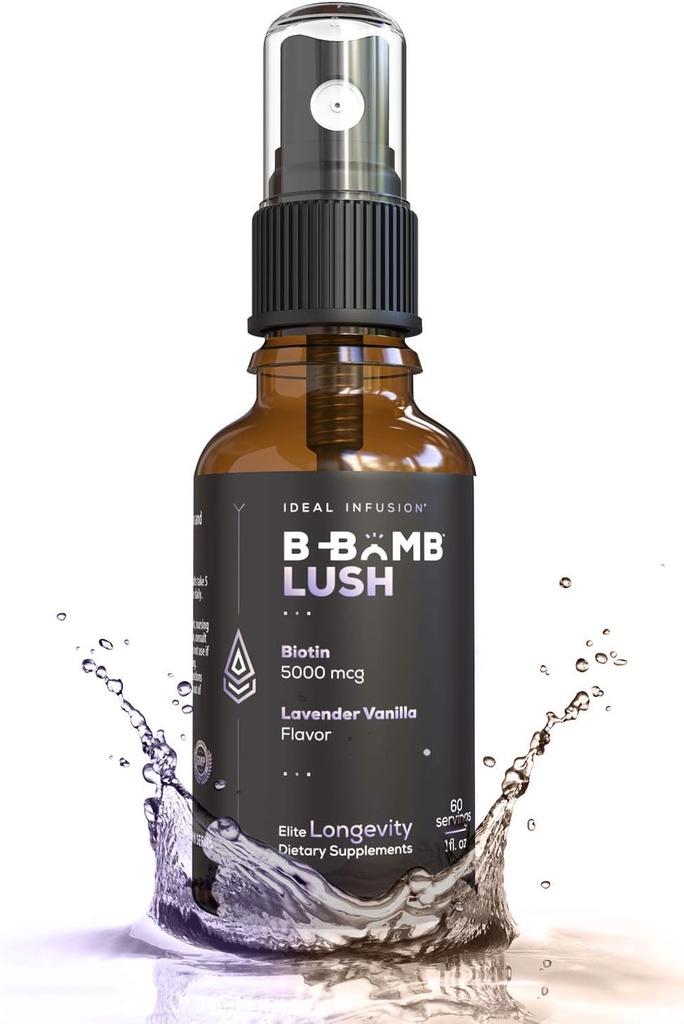 Spruzzo liquido di biotina lussureggiante B-Bomb ideale: Vaniglia di lavanda organica - 5000mcg, Vitamina di crescita dei capelli per spessore e volume - Salute della pelle, Unghie più forti, Keto, Vegan