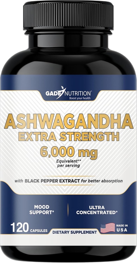 Gade Nutrition Ashwagandha Supplements - Black Pepper, Natural Mood, Focus 및 Energy Support Supplement, 120 Veggie 캡슐, USA Made가있는 추가 강도, ashwagandha 분말 캡슐