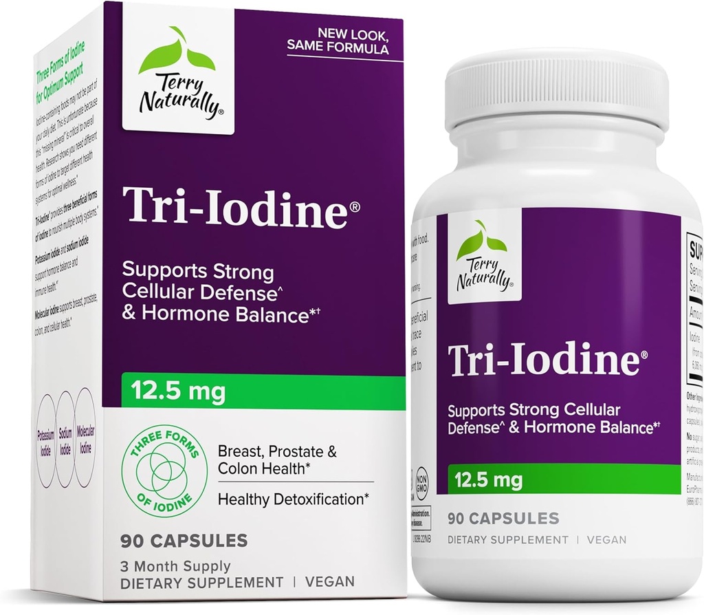Terry, naturalment, Tri-Iodiine - Suport al teu androide - L'Aids Hormone amb un balanç molecular d'Iode Kelsp - característiques de Potassi i Sodi i Idide - Suport cerebral i Energia - 12. 5mg, 90 Capules