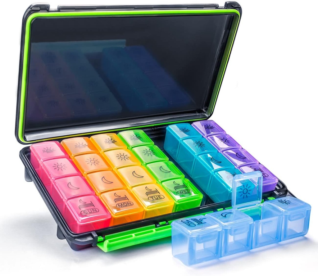 Organizador de comprimidos semanal, caixa de pílulas de 7 dias (4-Times-A-Day) Portátil para viagem com Moisture-Proof caso de projeto de pílula para comprimidos / Vitamina / óleo de peixe / suplementos