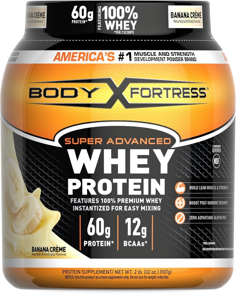 Body Fortress Super Advanced Whey Protein Toz, Banana Creme Flavored, Gluten Pulsuz, 2 Lb