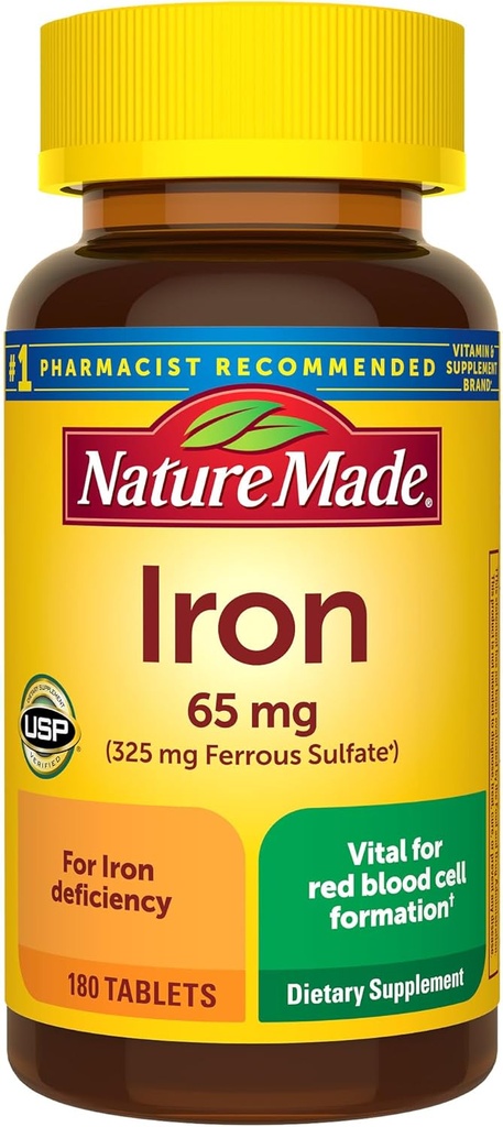 Nature Made Iron 65 mg (325 mg Sulfate Ferrous) Tabletak, Odol Gorriaren Gelaxkaren euskarriaren osagarri dietetikoak, 180 Tablet, 180 eguneko hornidura
