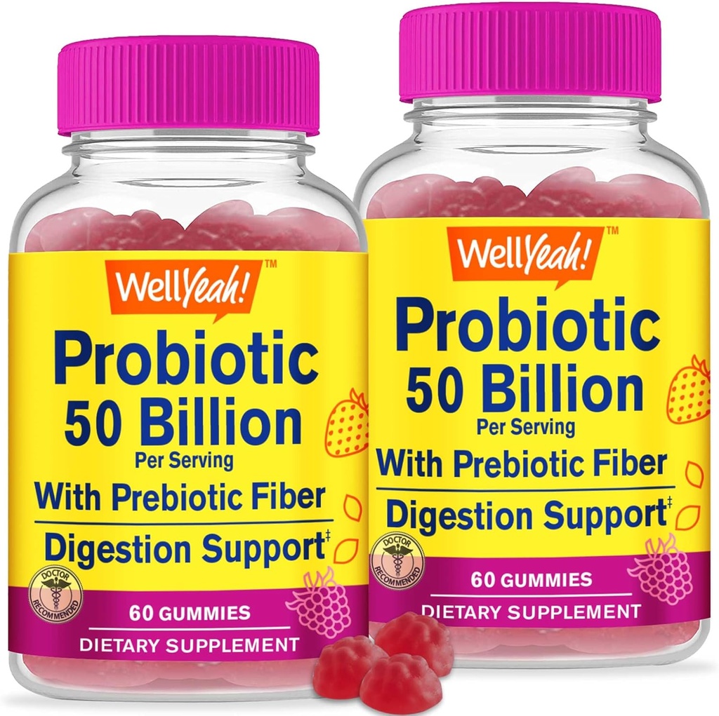 WellYeah (2 Pack 50 Billion Probiotics + пребіотики для чоловіків і жінок Gummies - Дайджестна підтримка, Gut Здоров'я, Іммуна підтримка Gummy - Пробіоти для травного здоров'я з 12 Strains - 60 Gummies