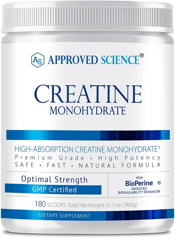 Approved Science Creatine Monohydrate Powder with BioPerine - Supports Lean Muscle Growth and Recovery - 180 Servings - 5g Per Serving - Unflavored - Non-GMO, Vegan