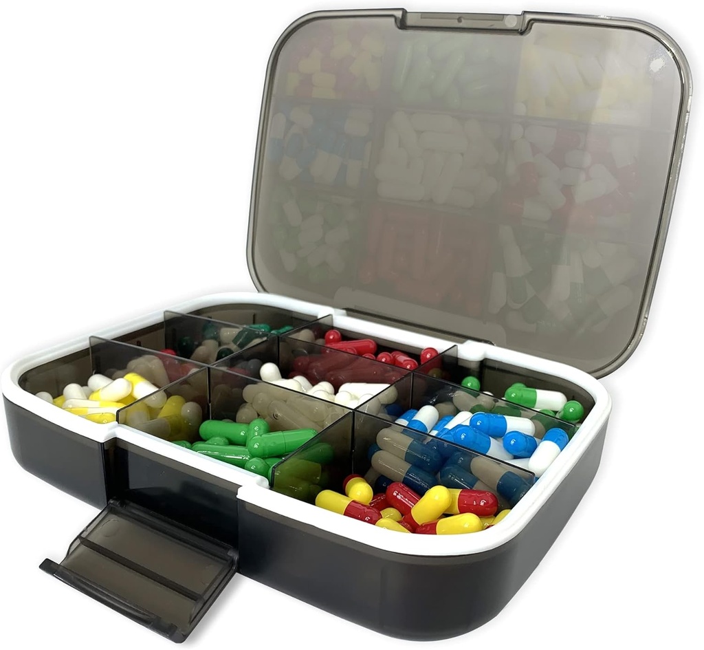 Gran Pill Organizador, 7.7x5.7" Travel Vitamin Box Lightproof 9 Compartments Portable Pill Cases Suplementos Dispenser Moisture Proba de pílula de posesión de medicamentos