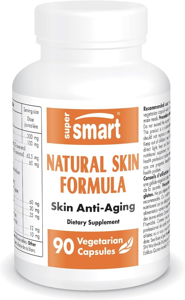 SuperSmart - Natural Skin Formula (High Potency) - con Acido Ialuronico, Collage, Elastin, Ceramides, Silica - Skin Hydration & Elasticity | Non-GMO - 90 Capsule Vegetariani