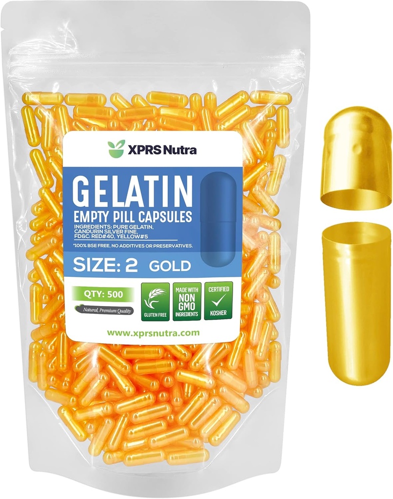 XPRS Nutra Tamaina 2 kapsula hutsak - 500 Count Empty Gelatin kapsulak - Pilulak DIY kapsula betetzea - Bovine Pill Gel Caps for Do-It-Yourself Supplements (Gold)