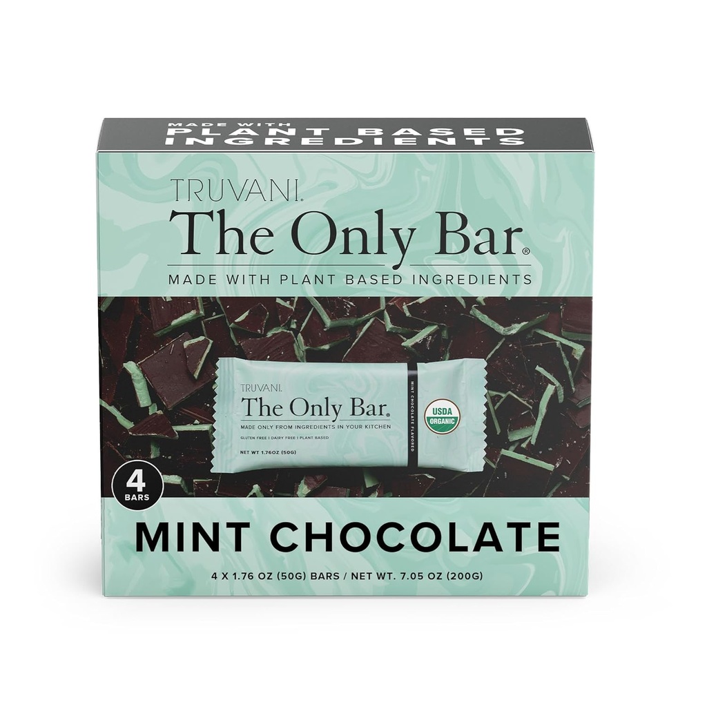 Truvani Plant Based Snack Bars | Chocolate Mint 4 Pack | 7g Protein | USDA Organic and Vegan | The Only Bar | Dairy, Soy e Gluten Free | Individualmente Wrapped