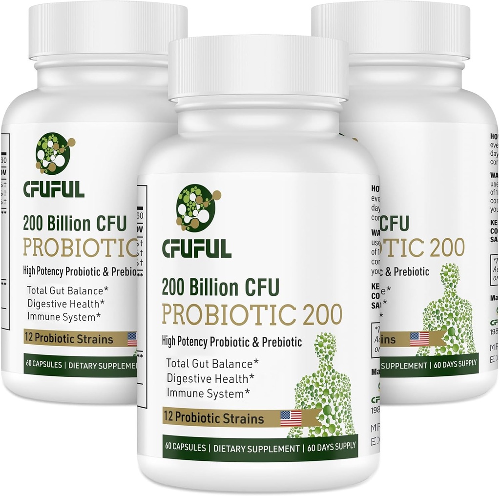 Probióticos para Mulheres e Homens - 200 bilhões UFC 12 Strains Probióticos para Saúde Digestiva Gut & Imune Saúde, Energia, com Prebióticos Orgânicos e Probióticos Prateleira Estável para Bloating 180 Cápsulas