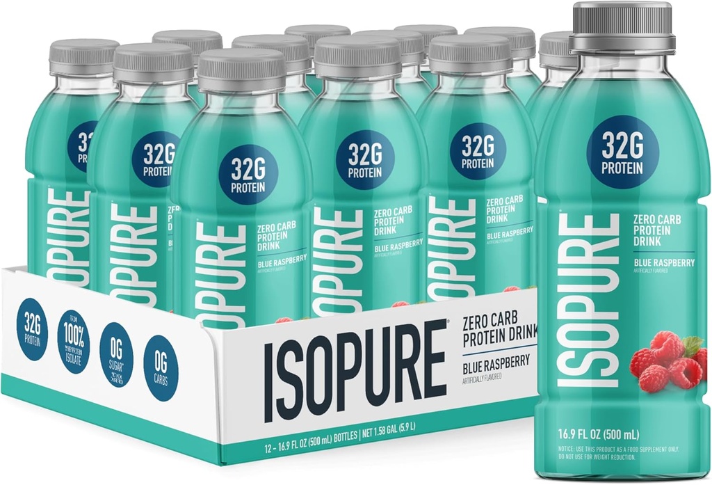 Isopure Zero Carb 32g Clear Protein Ready-to-Drink, Whey Protein Isolate, Blå Bringebær, 12 Pack (Packing May Vary)