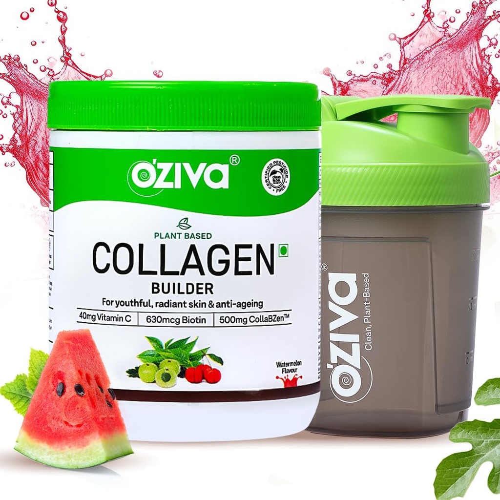 OZiva Vegan Collagen (Watermelon) Biotin & Bitamina Crekin larru distiratsuago eta gazteentzat | Collagen Supplement for Women and Men | Plant Based Powder | Certified Vegan 125g + Shaker