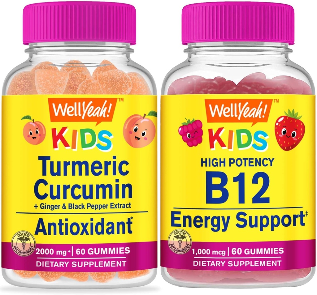 WellYeah Turmeric Curcumin Kids + Vitamin B12 Kids, Gummies Bundle - Great Tasting, Vitamin Supplement, Gluten Free, GMO Free, Chewable Gummy