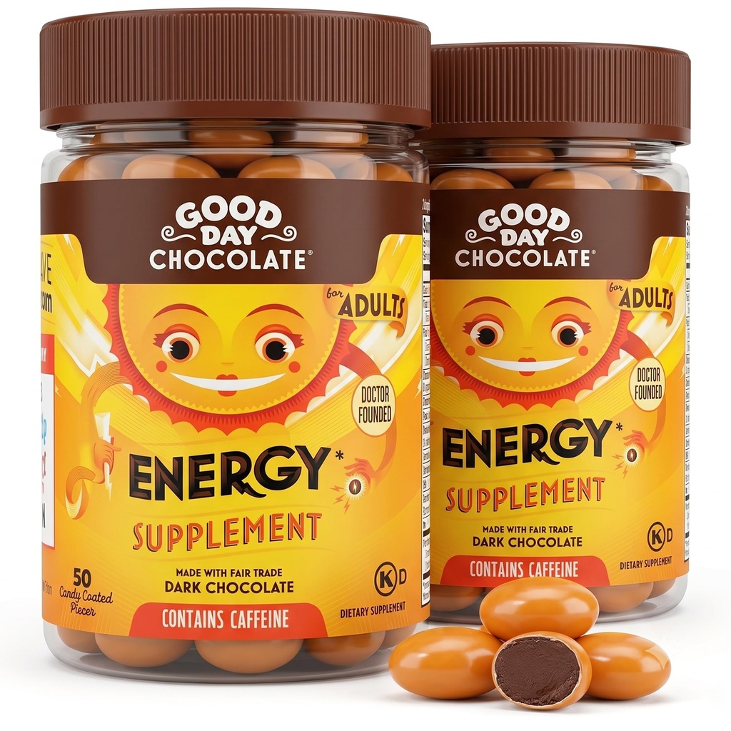 Good Day Chocolate Energy Supplements for Adults [2 Pack] Fair Trade Caffeine Chocolate with B-Vitamins, Green Tea Extracts and 20 mg Caffeine Per Piece - Energy Booster for Women and Men