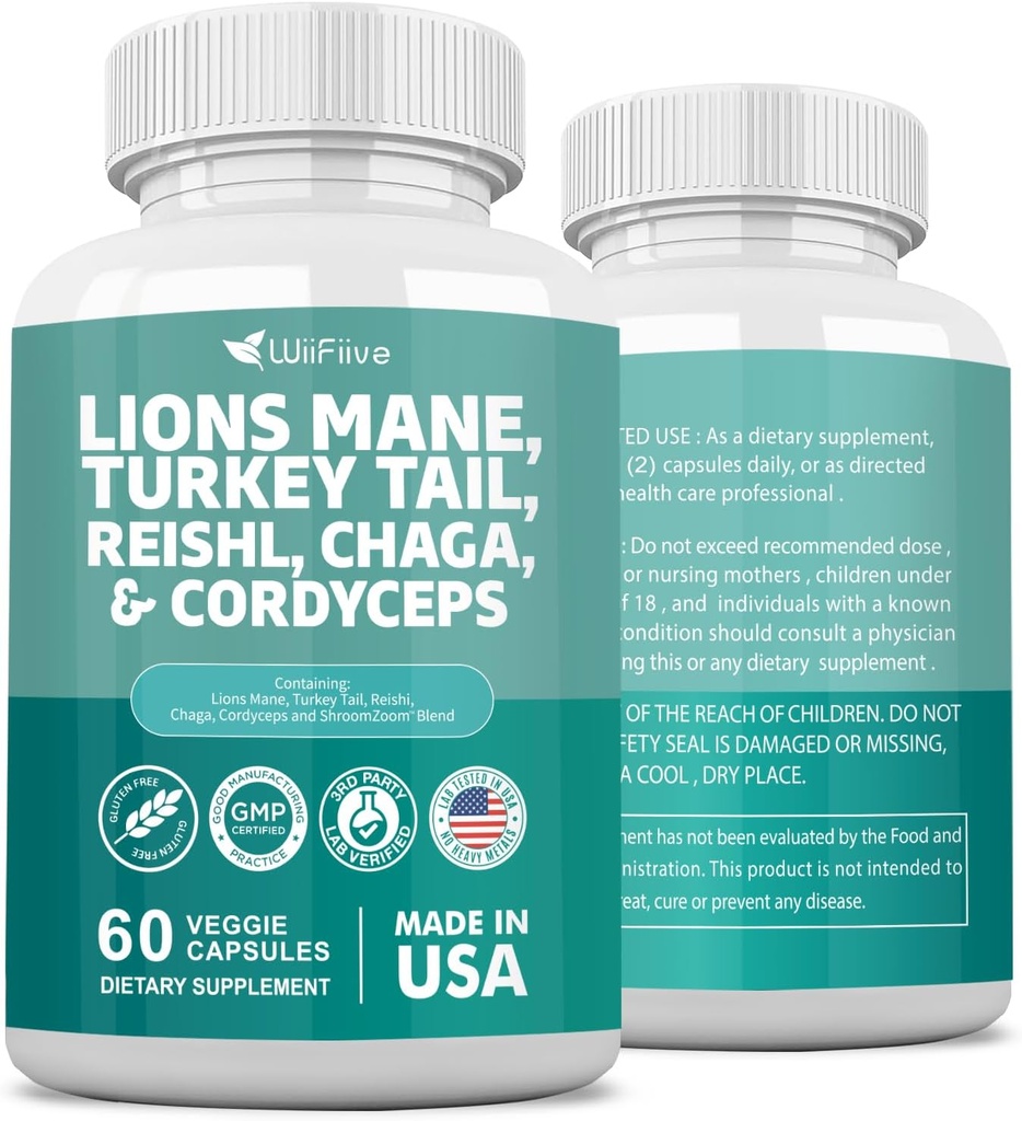 Lions Mane 3000mg Turkey Tail 3000mg Reishl 1000mg Chaga 1000mg Cordyceps Powder Extract Containing Maitaake Shiitake Black Fungus,Brain Supplement, Mineral gehigarriak, 60 kapsulak