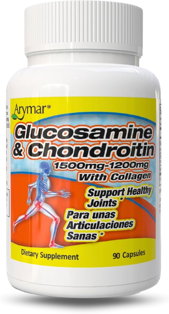 ARYMAR glucosamina 1500 mg e Chondroitina 1200 mg con coláxeno - Suplemento conxunto de saúde - 90 cápsulas
