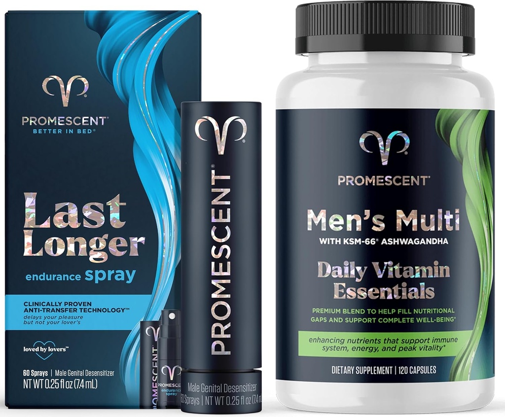 Promescent Desensitising Viive Spray miehille Kliinisesti todistanut auttaa sinua Last Pidempi sängyssä + Multivitamiini miesten, B12-vitamiini, C-vitamiini, D3-vitamiini, KSM-66 Ashwagandha, laatu miesten monivitamiinit