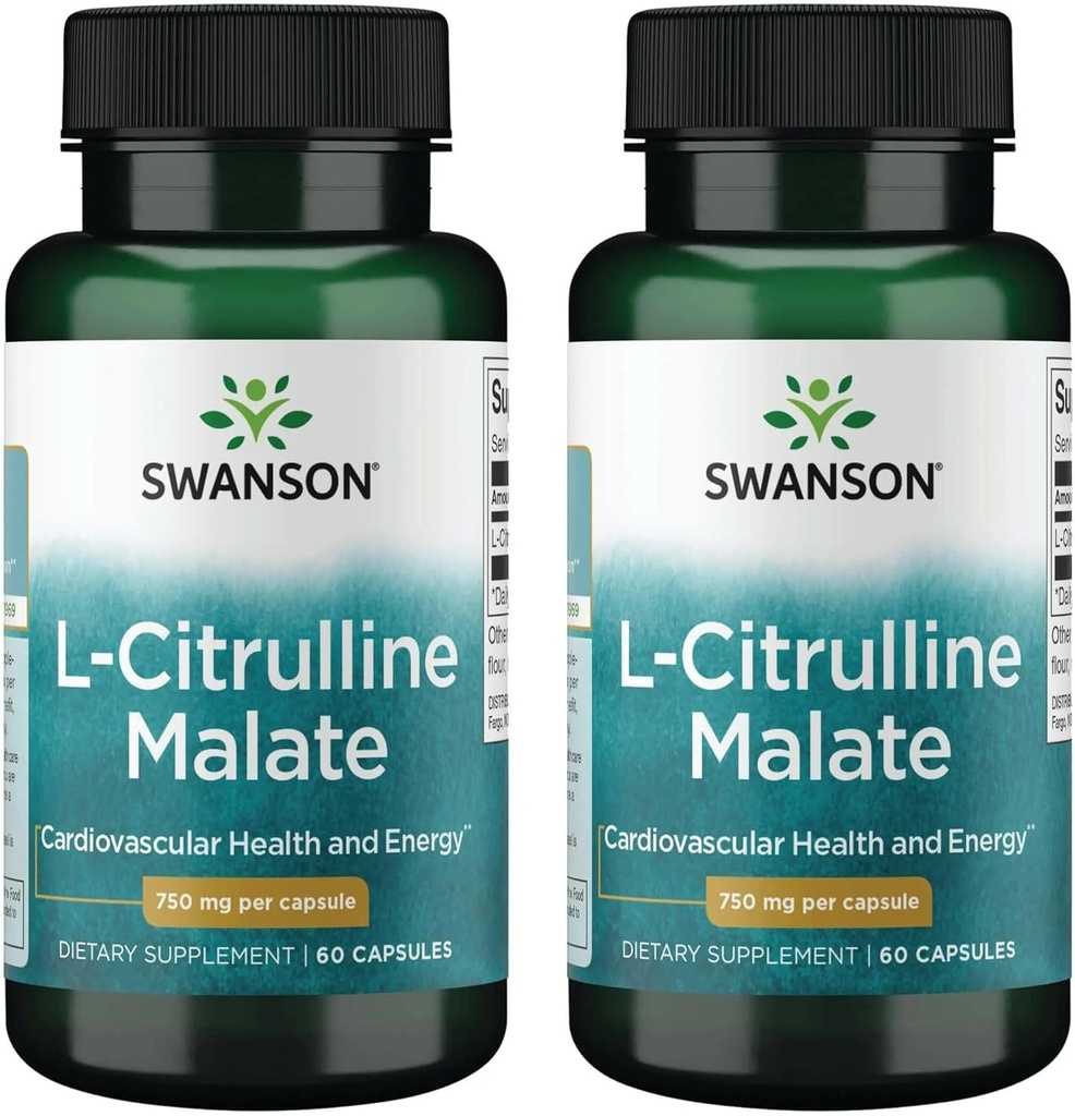 Swanson L-Citrulline Malate - Amino Acid Supplement Promoting Energy Production & Healthy Blood Circulation - Natural Formula Supporting Overall Wellness - (60 Capsules, 750mg Each) (2 Pack)