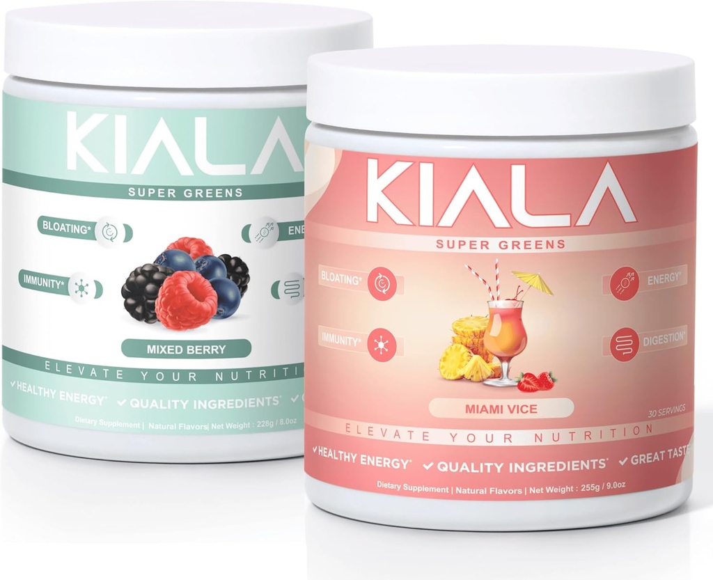 Kiala Nutrition Super Verdes, Verdes orgânicos em pó, Spirulina & chlorela Superfood em pó, Açúcar & Gluten Free Vegan, Spectra Mistura, Mistured Berry & Miami Vice, 2 Pack