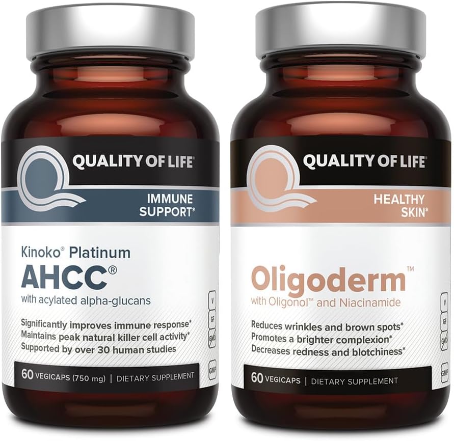 Kvalita života Kinoko Platinum AHCC Mushrom Extract a Oligoderm s Oligonol Lychee extrakt - Immune Support Skin Health Bundle