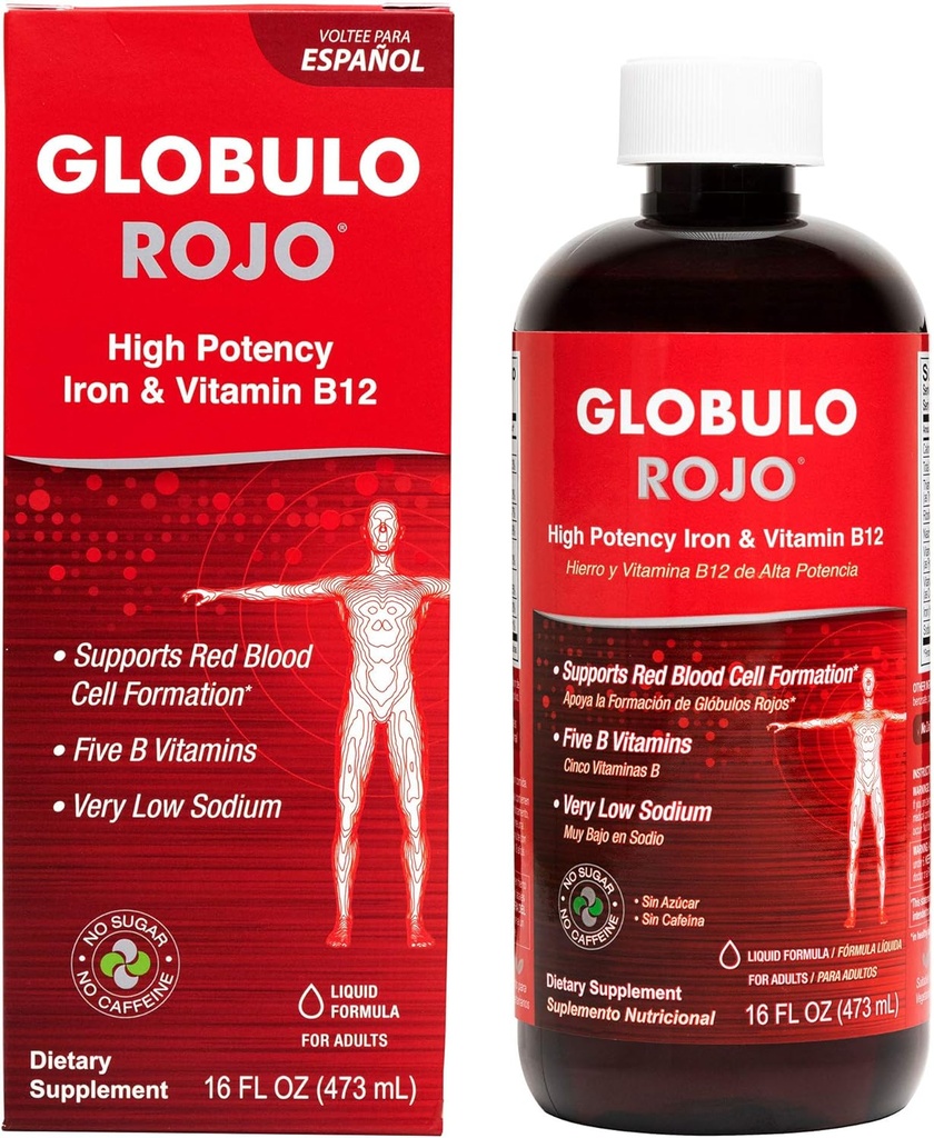 Suplemento de ferro Globulo Rojo - Suplemento dietético líquido con vitaminas de ferro e B de alta potencia (Vegan) (16 Fl Oz (Paque de 1)