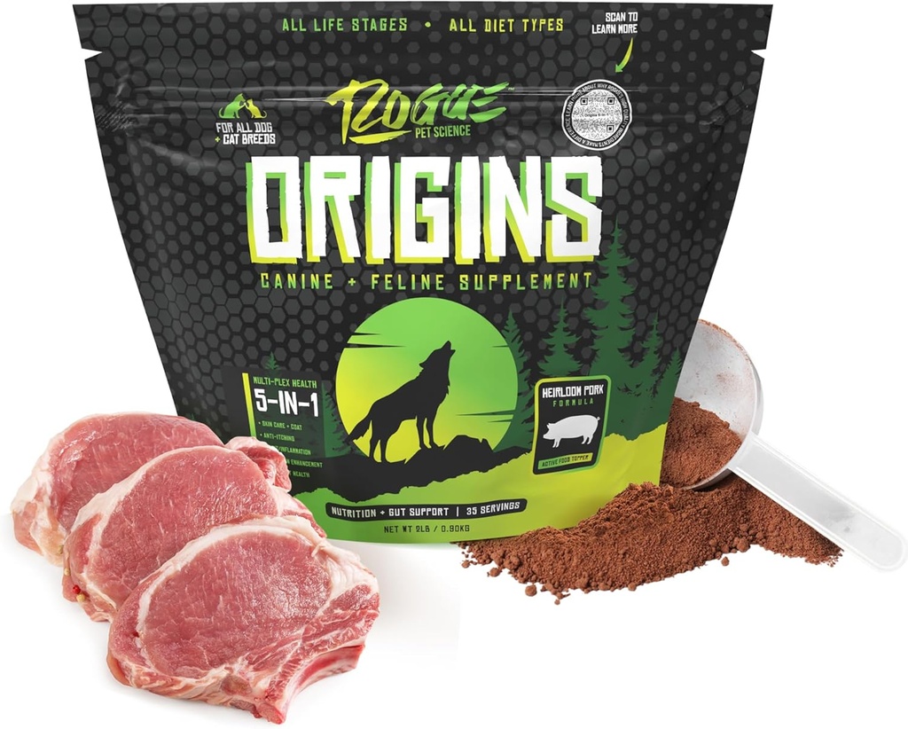 ROGUE PET SCIENCE Origins 5-in-1 Dog Supplement - Tozed Food Topper w/Natural Heirloom Pork Protein- Supports sağlam Digestion, Skin, və Coat - Buching & Axtarılması (2 lbs)