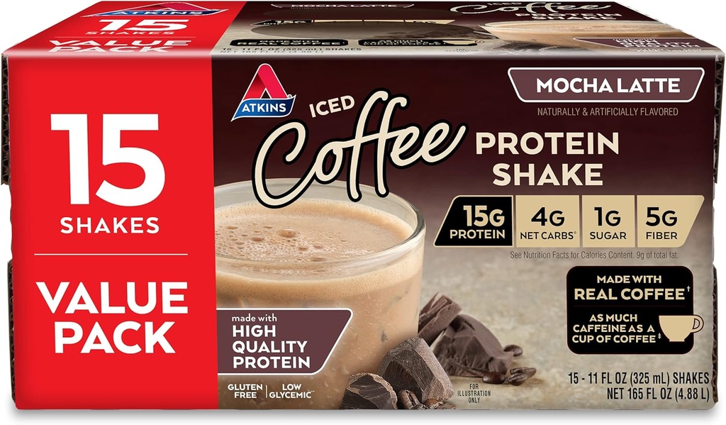 Atkins Gluteeniton proteiini-Rich Shake, Mocha Latte, Keto Friendly, 15 kreivi