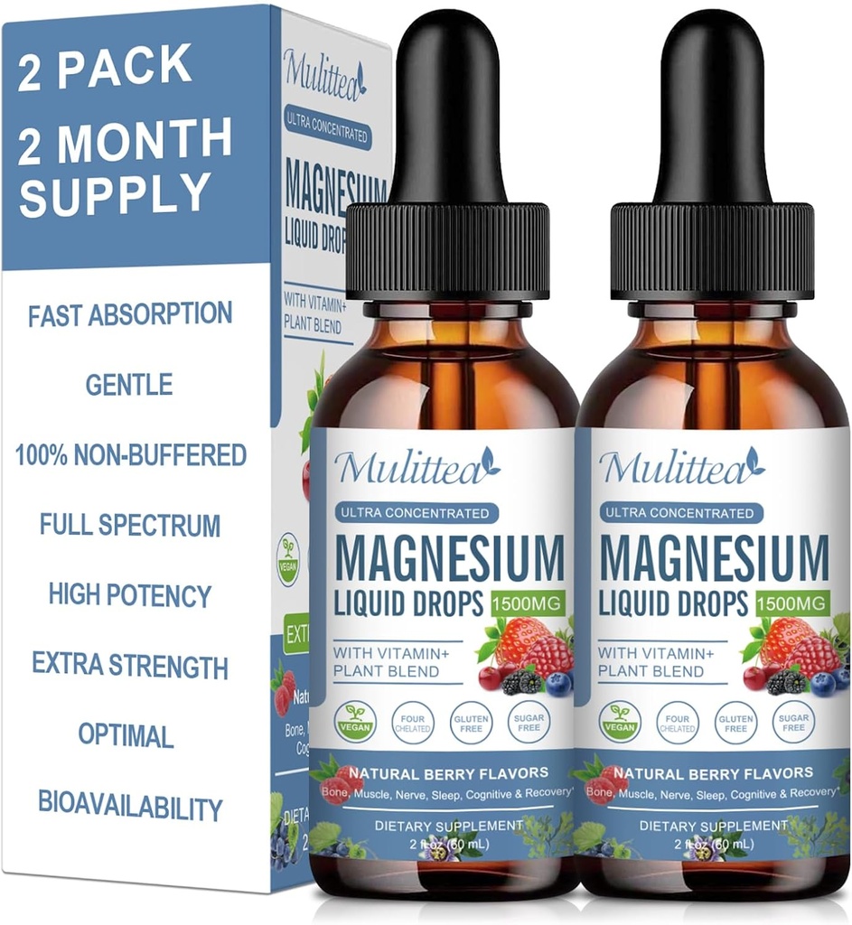 Magnesium Glycinate Liquid Drop - Triple Imeytyminen täydentää tukea Nerves, yö, sydän, lihasten aineenvaihdunta* - Sokeriton kaliumin, L-Theaniini, Meri Moss B, C, D3, K2-2